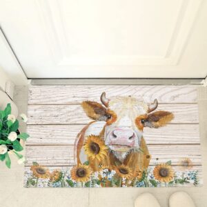 Fluffy Bath Rug Cow Sunflower Farm Flowers Animals Plank,Non Slip Shag Carpet Soft Floor Door Mat Pastoral Country Farmhouse,Absorbent Entrance Rugs for Kitchen Bathroom Living Room 24x35in