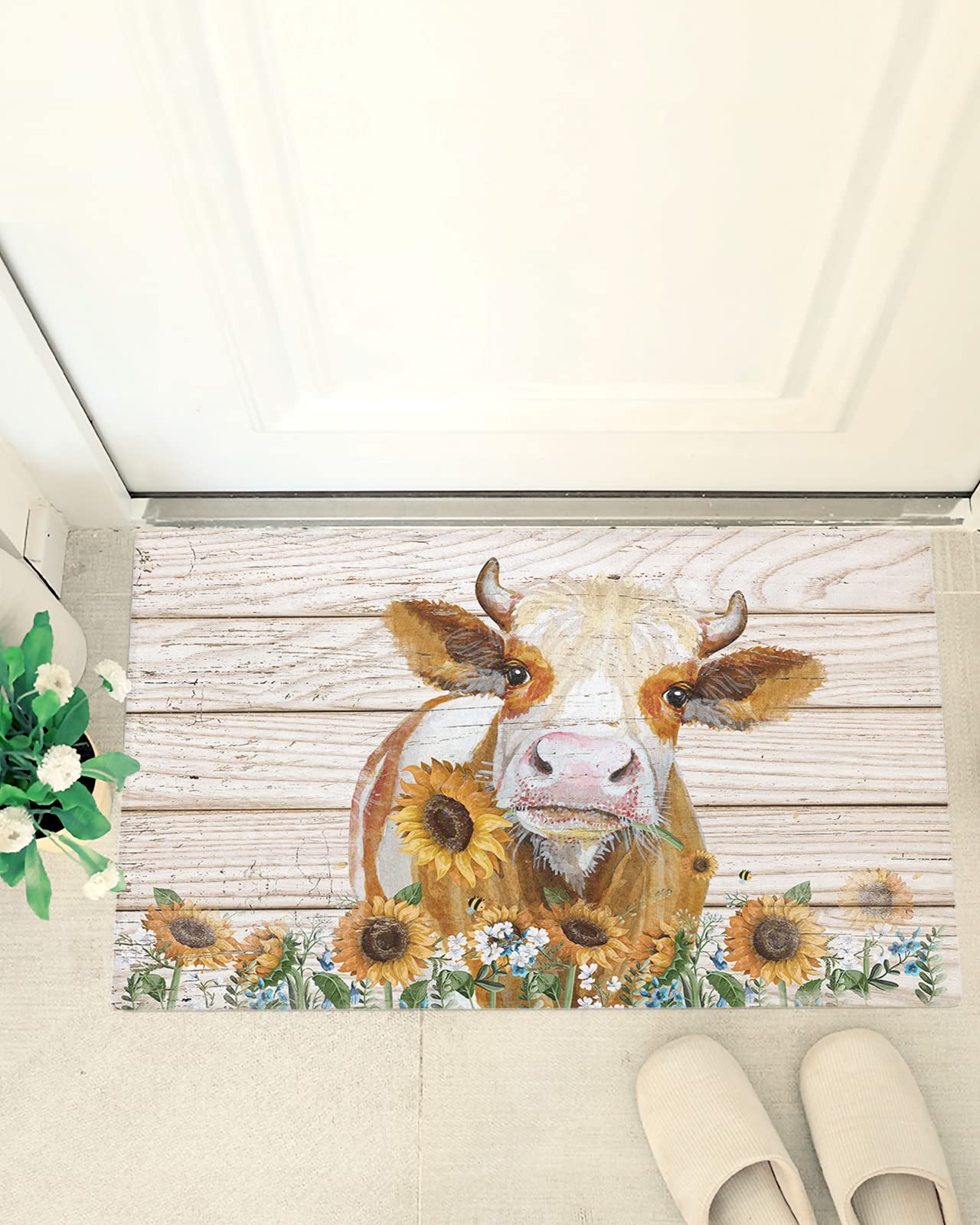 Fluffy Bath Rug Cow Sunflower Farm Flowers Animals Plank,Non Slip Shag Carpet Soft Floor Door Mat Pastoral Country Farmhouse,Absorbent Entrance Rugs for Kitchen Bathroom Living Room 24x35in