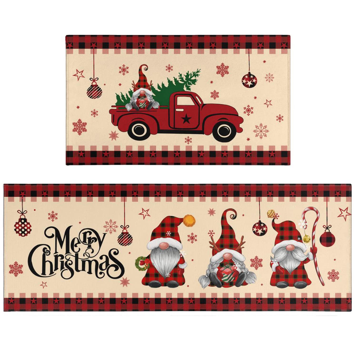 CocoBelin Christmas Gnome Kitchen Rug and Mat 2 Pcs,Red Truck Snowflake Tree Buffalo Plaid Bathroom Rug Non Slip Cushioned Mat Runner Rug Doormat for Christmas Farmhouse Kitchen Decor,17x30+17x47inch