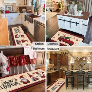 CocoBelin Christmas Gnome Kitchen Rug and Mat 2 Pcs,Red Truck Snowflake Tree Buffalo Plaid Bathroom Rug Non Slip Cushioned Mat Runner Rug Doormat for Christmas Farmhouse Kitchen Decor,17x30+17x47inch