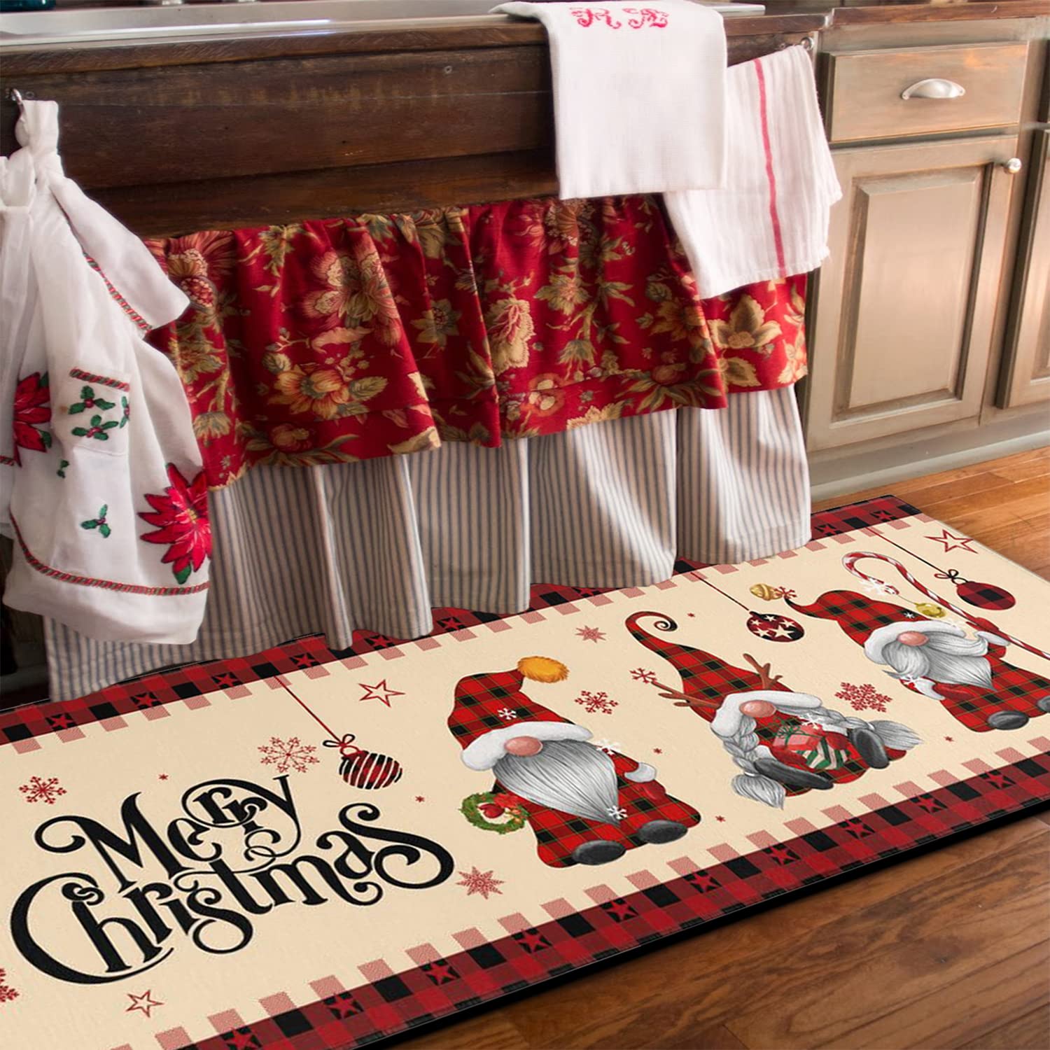 CocoBelin Christmas Gnome Kitchen Rug and Mat 2 Pcs,Red Truck Snowflake Tree Buffalo Plaid Bathroom Rug Non Slip Cushioned Mat Runner Rug Doormat for Christmas Farmhouse Kitchen Decor,17x30+17x47inch