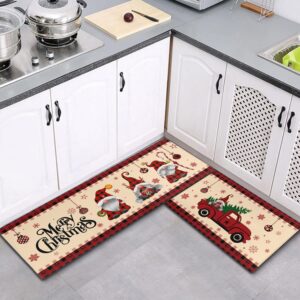 CocoBelin Christmas Gnome Kitchen Rug and Mat 2 Pcs,Red Truck Snowflake Tree Buffalo Plaid Bathroom Rug Non Slip Cushioned Mat Runner Rug Doormat for Christmas Farmhouse Kitchen Decor,17x30+17x47inch