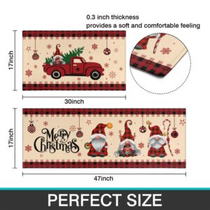 CocoBelin Christmas Gnome Kitchen Rug and Mat 2 Pcs,Red Truck Snowflake Tree Buffalo Plaid Bathroom Rug Non Slip Cushioned Mat Runner Rug Doormat for Christmas Farmhouse Kitchen Decor,17x30+17x47inch