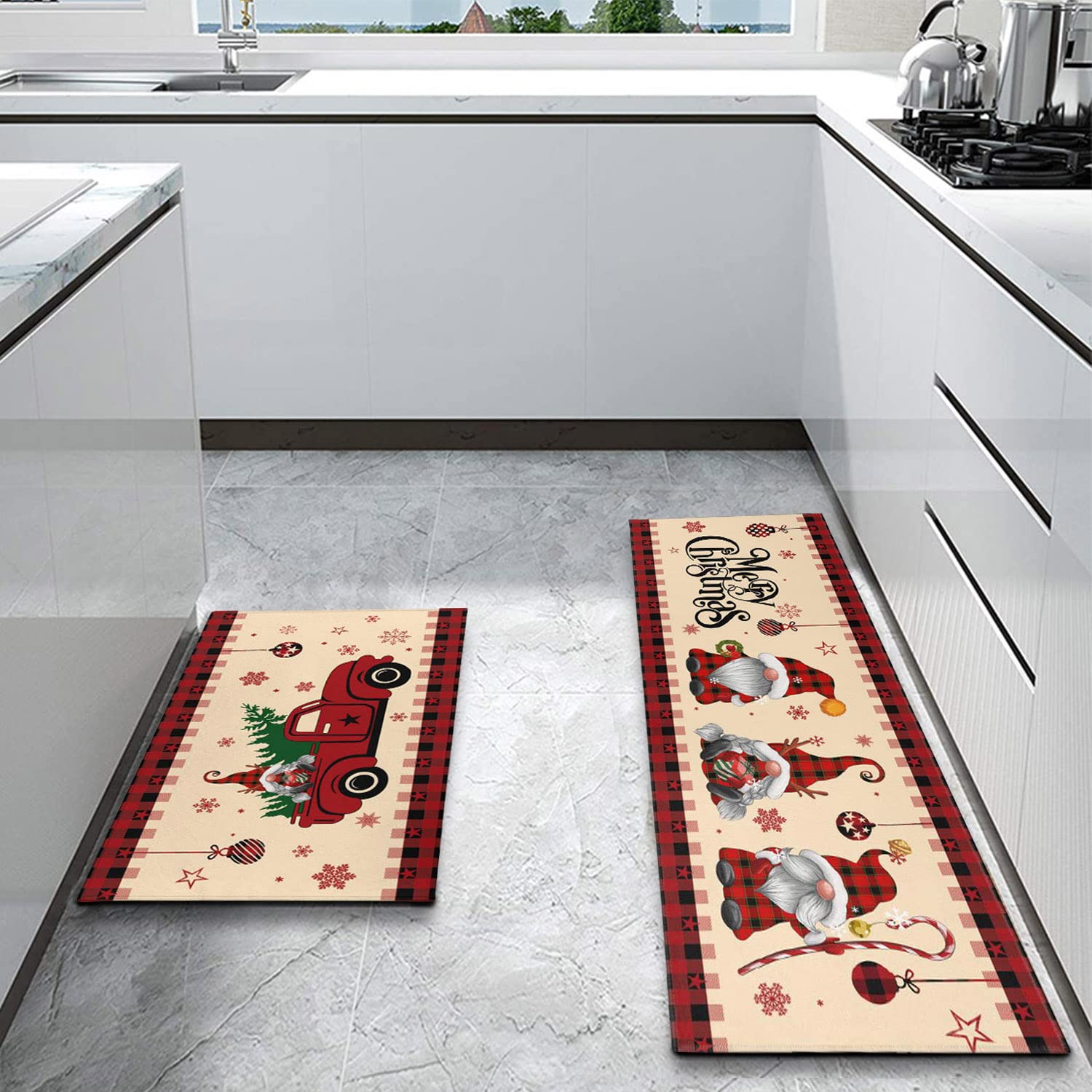 CocoBelin Christmas Gnome Kitchen Rug and Mat 2 Pcs,Red Truck Snowflake Tree Buffalo Plaid Bathroom Rug Non Slip Cushioned Mat Runner Rug Doormat for Christmas Farmhouse Kitchen Decor,17x30+17x47inch