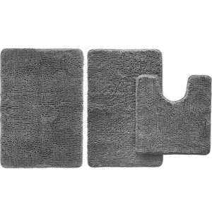 gorilla grip bath rug and area rug set, bath rug size 36 x 24 in, shaggy machine washable mats, area rug set size 22 x 19 x 15 in and 30x20, absorbent washable mats, both in gray, 2 item bundle