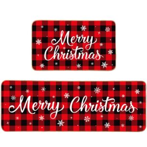 christmas kitchen rugs set of 2 xmas kitchen mats merry christmas mats red black buffalo plaid doormat christmas non slip backing floor mat xmas door mat for home kitchen door bathroom (snowflakes)