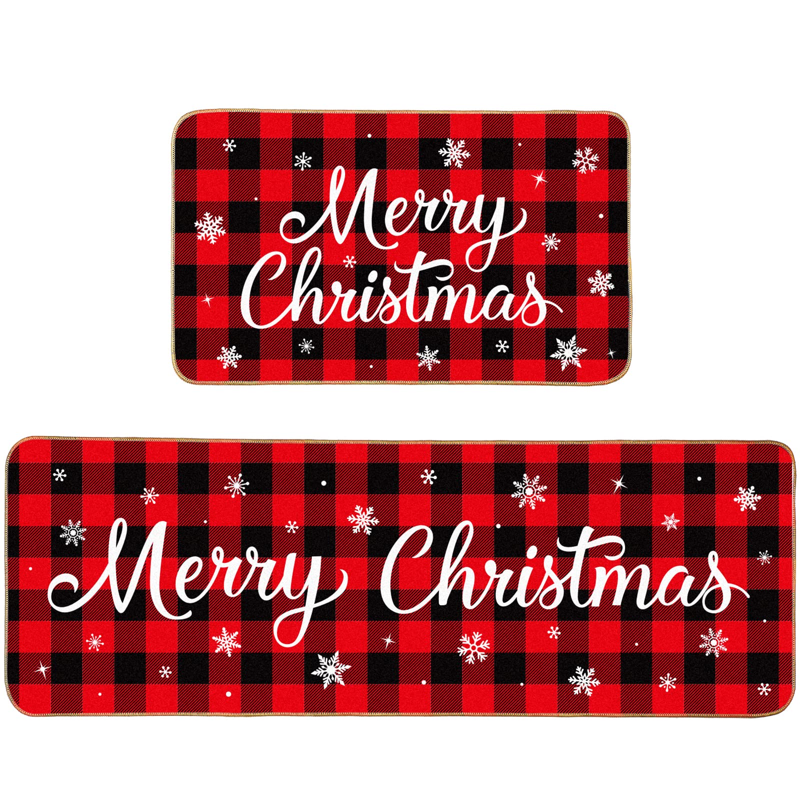 Christmas Kitchen Rugs Set of 2 Xmas Kitchen Mats Merry Christmas Mats Red Black Buffalo Plaid Doormat Christmas Non Slip Backing Floor Mat Xmas Door Mat for Home Kitchen Door Bathroom (Snowflakes)