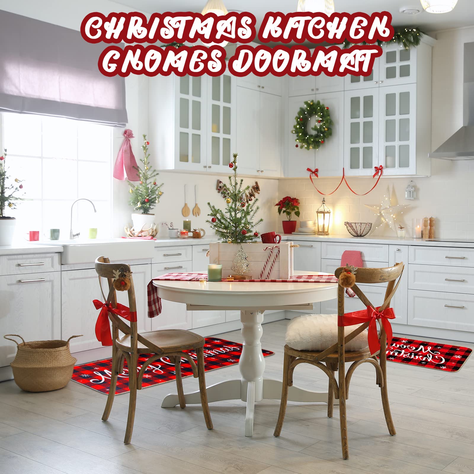 Christmas Kitchen Rugs Set of 2 Xmas Kitchen Mats Merry Christmas Mats Red Black Buffalo Plaid Doormat Christmas Non Slip Backing Floor Mat Xmas Door Mat for Home Kitchen Door Bathroom (Snowflakes)