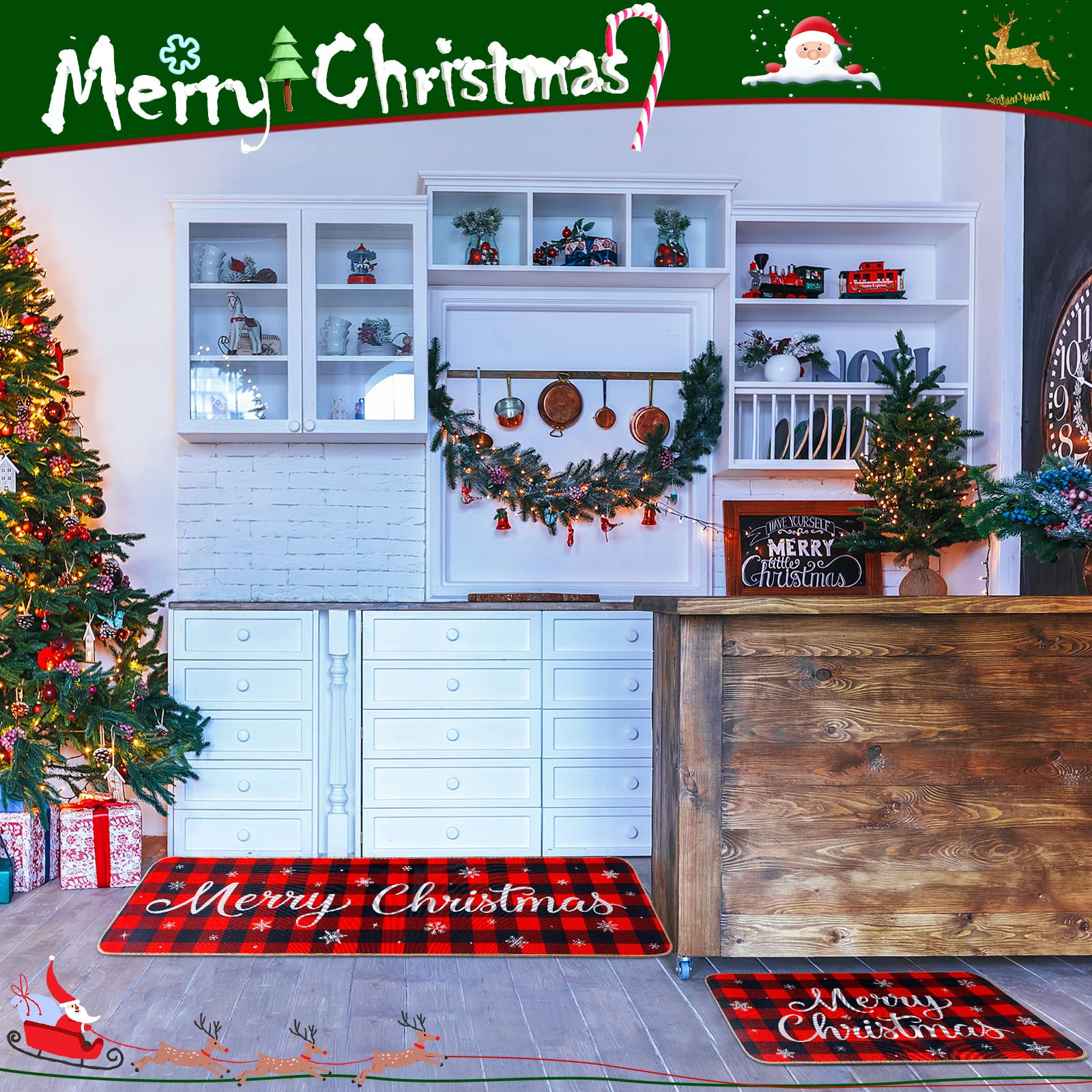 Christmas Kitchen Rugs Set of 2 Xmas Kitchen Mats Merry Christmas Mats Red Black Buffalo Plaid Doormat Christmas Non Slip Backing Floor Mat Xmas Door Mat for Home Kitchen Door Bathroom (Snowflakes)