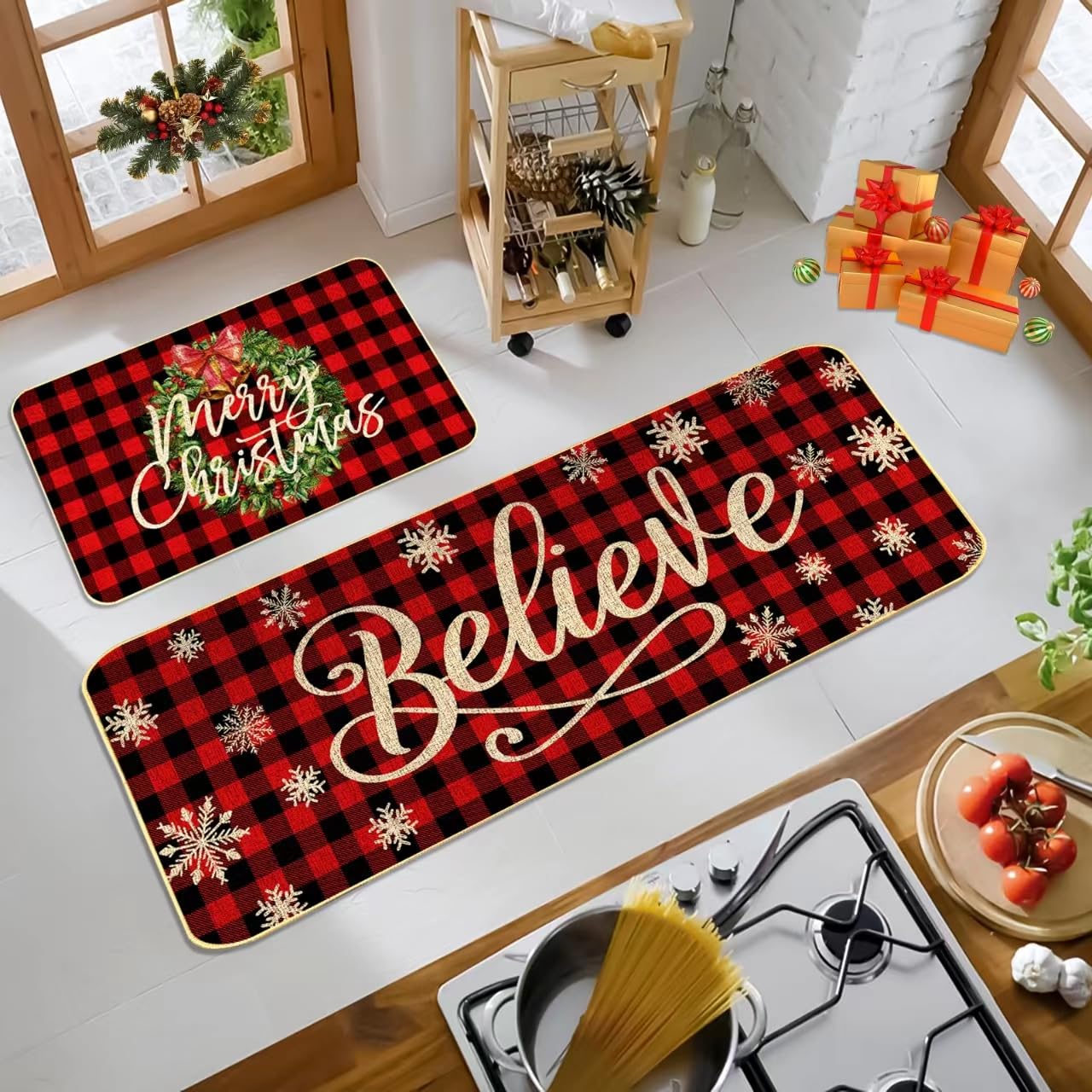 DXSHCG Christmas Kitchen Floor Mats Plaid Snowflakes Set of 2, Non-Slip Kitchen Mats, Holiday Party Home Kitchen Christmas Decorations - 17x29 and 17x47 Inches