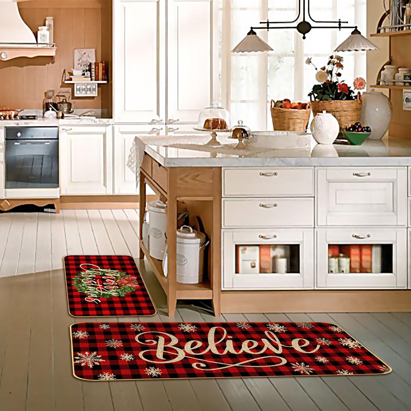 DXSHCG Christmas Kitchen Floor Mats Plaid Snowflakes Set of 2, Non-Slip Kitchen Mats, Holiday Party Home Kitchen Christmas Decorations - 17x29 and 17x47 Inches