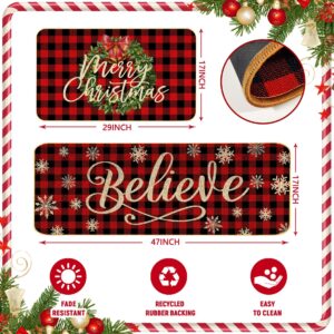 DXSHCG Christmas Kitchen Floor Mats Plaid Snowflakes Set of 2, Non-Slip Kitchen Mats, Holiday Party Home Kitchen Christmas Decorations - 17x29 and 17x47 Inches