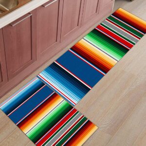 Mexican Theme Kitchen Rugs Set 2 Piece, Non-Slip Kitchen Mats Set Rubber Backing Indoor Outdoor Entry Mat Carpets - Cinco de Mayo Fiesta Party Serape, 15.7x23.6inch+15.7x47.2inch