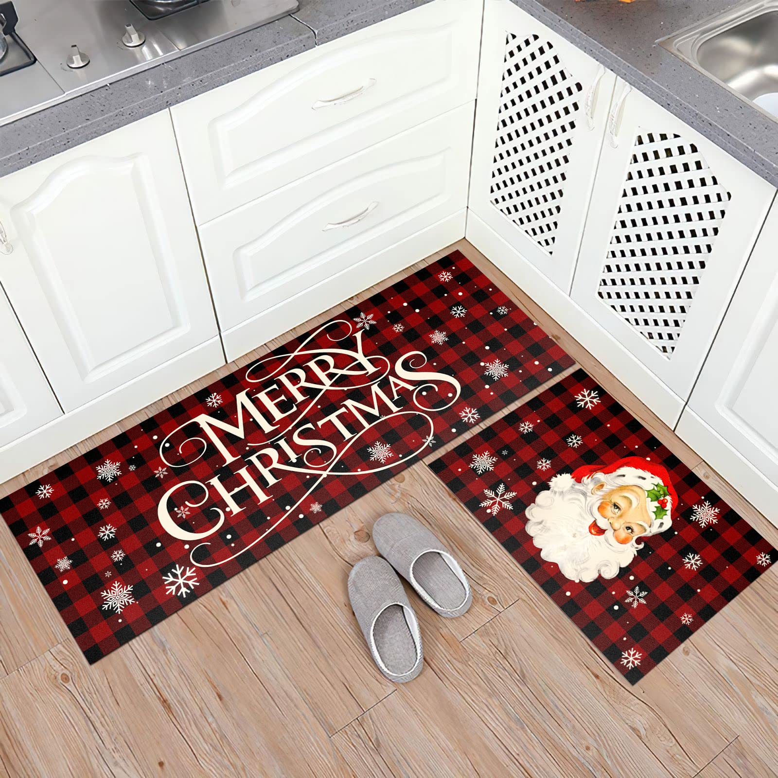 HOLVDENG Christmas Santa Claus Kitchen Mat Set of 2 Non Slip Thick Kitchen Rugs and Mats for Floor Comfort Standing Mats for Kitchen, Sink, Office, Laundry, 17"x47"+17"x28"