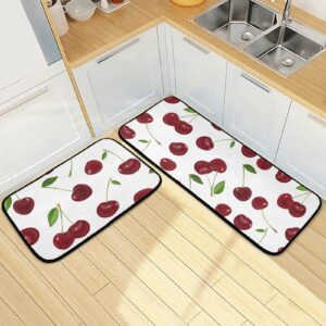 Red Cherry White Kitchen Mat Set of 2 Anti-Fatigue Kitchen Rug Set Non Slip Cushioned Heavy Duty Foam Kitchen Runner Rugs and Mats Comfort Standing Mat for Floor Home Decor Doormat