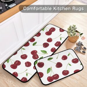 Red Cherry White Kitchen Mat Set of 2 Anti-Fatigue Kitchen Rug Set Non Slip Cushioned Heavy Duty Foam Kitchen Runner Rugs and Mats Comfort Standing Mat for Floor Home Decor Doormat