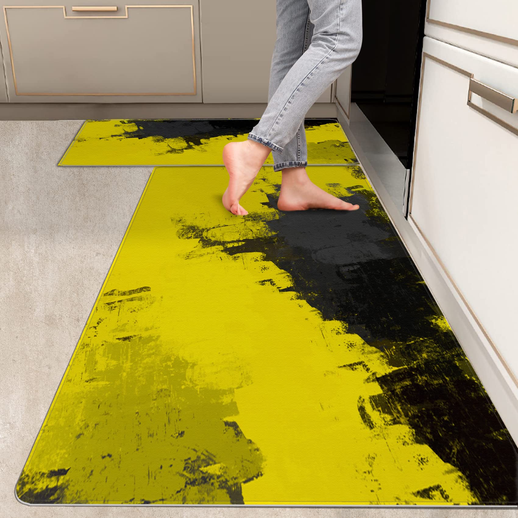 RYANZA 2 Pieces Kitchen Rugs, Abstract Anti Fatigue Non Slip Foam Cushioned Yellow Black Graffiti Art Comfort Indoor Floor Mat Runner Rug Set for Laundry Office Sink Bathroom (17"x48"+17"x24")