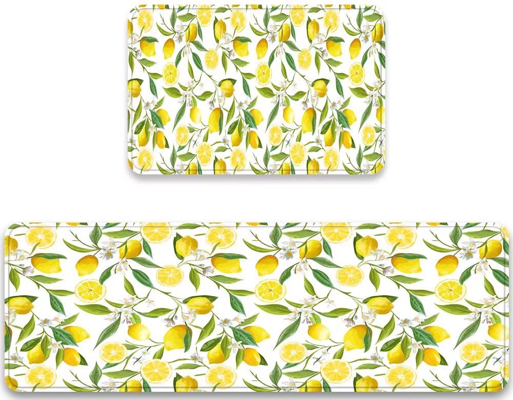 Kitchen Rugs Sets 2 Piece Floor Mats Lemon Tree Tropical Summer Yellow Lemons Fruit Floal Doormat Durable Farmhouse Cushion Area Rugs Washable Runner Carpet Set Non Slip Lemon Kitchen Rug and Mats