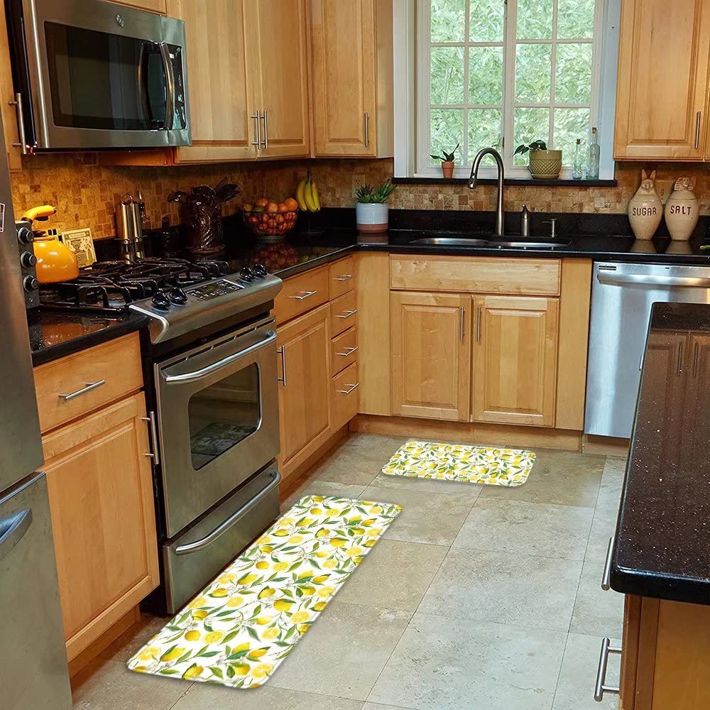 Kitchen Rugs Sets 2 Piece Floor Mats Lemon Tree Tropical Summer Yellow Lemons Fruit Floal Doormat Durable Farmhouse Cushion Area Rugs Washable Runner Carpet Set Non Slip Lemon Kitchen Rug and Mats