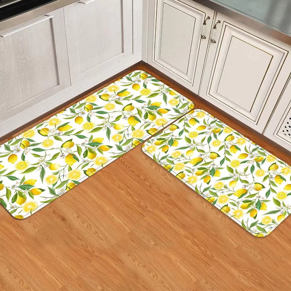 Kitchen Rugs Sets 2 Piece Floor Mats Lemon Tree Tropical Summer Yellow Lemons Fruit Floal Doormat Durable Farmhouse Cushion Area Rugs Washable Runner Carpet Set Non Slip Lemon Kitchen Rug and Mats