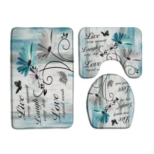 farmhouse floral 3 piece bath rugs set,teal daisy inspirational quotes butterfly rustic wooden turquoise blue bathroom kitchen rug with 16"x24" bath mat + u-shaped toilet rug+ toilet seat cover