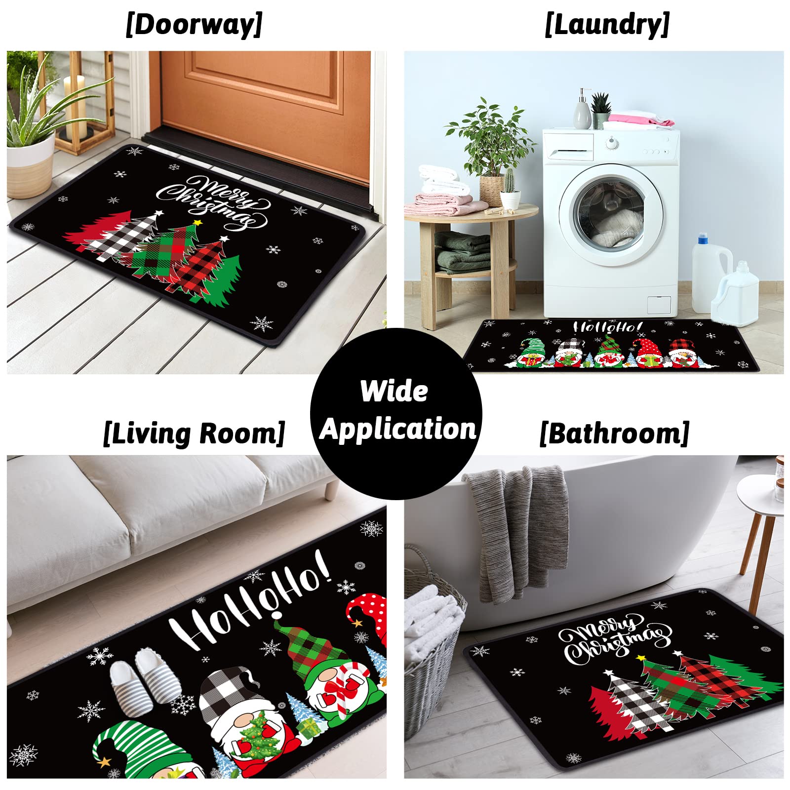 Christmas Kitchen Rugs and Mats Set of 2, Christmas Tree Gnomes Farmhouse Buffalo Plaid Mats Xmas Decorations Area Rug Washable for Home Kitchen Bathroom Living Room Floor ,16X 24 and 16x47inch