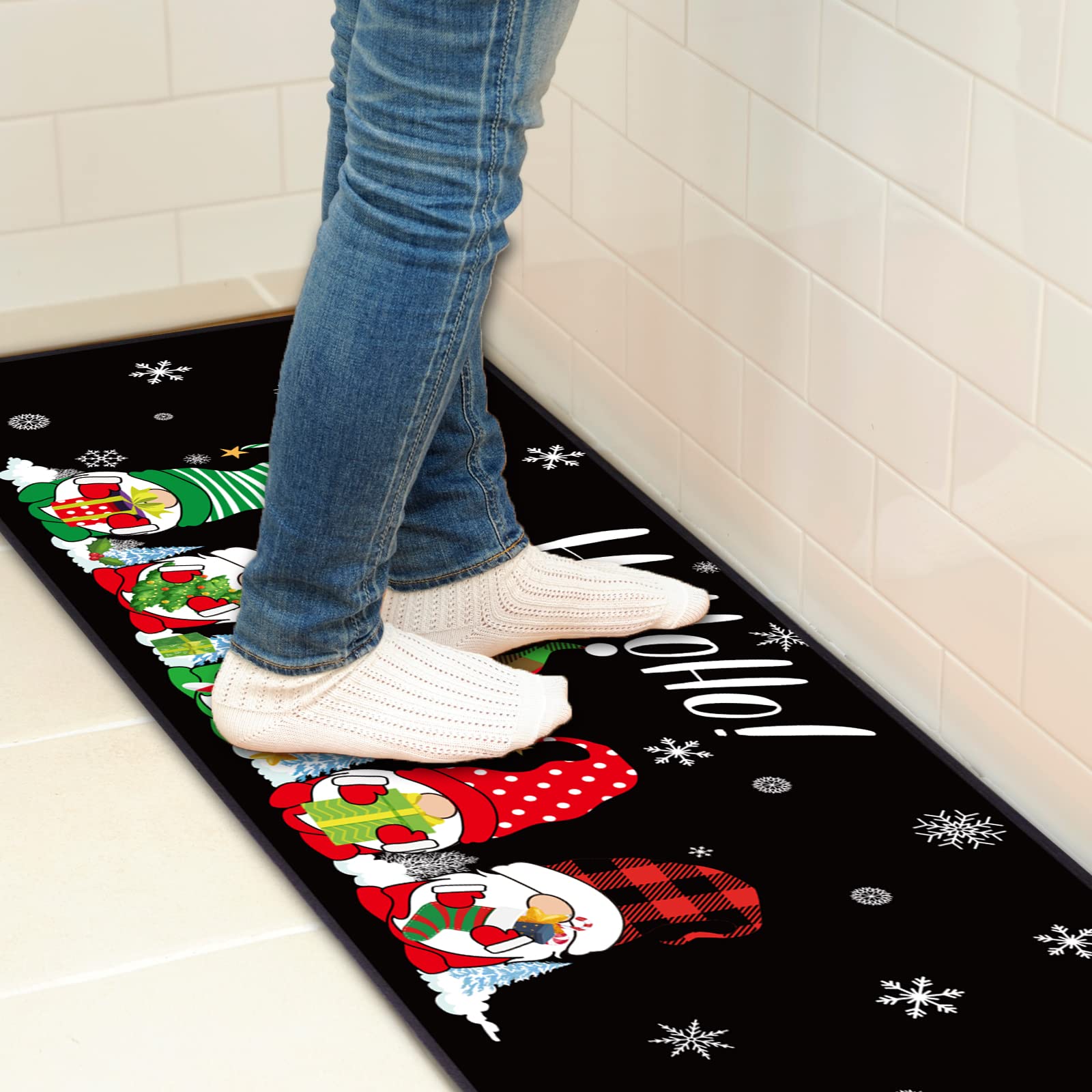 Christmas Kitchen Rugs and Mats Set of 2, Christmas Tree Gnomes Farmhouse Buffalo Plaid Mats Xmas Decorations Area Rug Washable for Home Kitchen Bathroom Living Room Floor ,16X 24 and 16x47inch
