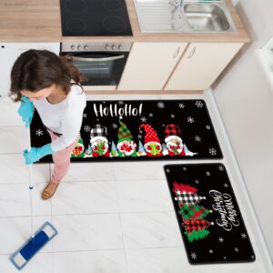 Christmas Kitchen Rugs and Mats Set of 2, Christmas Tree Gnomes Farmhouse Buffalo Plaid Mats Xmas Decorations Area Rug Washable for Home Kitchen Bathroom Living Room Floor ,16X 24 and 16x47inch