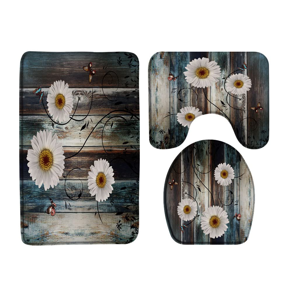 Rustic Daisy 3 Piece Bath Rugs Set,Blue Brown Farmhouse Floral Butterfly Vintage Wooden Board Country Farm Style Bathroom Kitchen Rug with 16"x24" Bath Mat + U-Shaped Toilet Rug+ Toilet Seat Cover