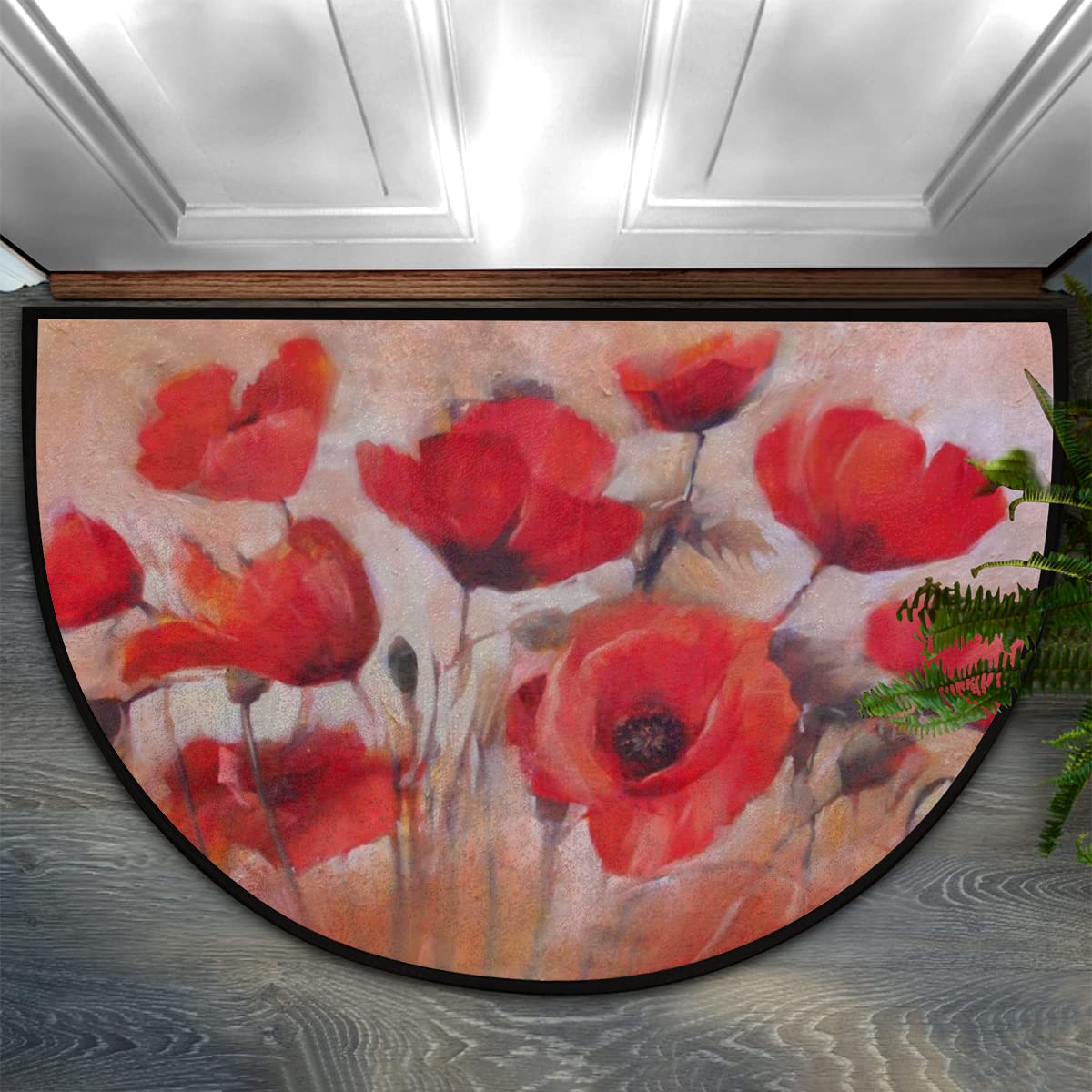 Poppy Flowers Handmade Oil Painting Half Round Door Mat Non-Slip Half Circle Area Rug Absorbent Bath Rug Washable Front Welcome Entrance Way Doormat for Indoor Kitchen Bedroom Home Decor 18x30 inch