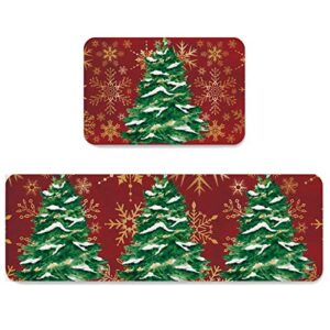 kitchen mat set of 2 anti-fatigue kitchen rug, christmas trees snowflake watercolor non-slip kitchen mats and rugs, kitchen doormat runner rug for floor home office sink laundry, red geometric