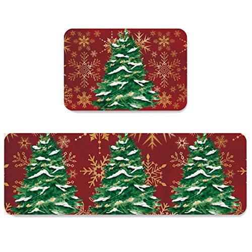 Kitchen Mat Set of 2 Anti-Fatigue Kitchen Rug, Christmas Trees Snowflake Watercolor Non-Slip Kitchen Mats and Rugs, Kitchen Doormat Runner Rug for Floor Home Office Sink Laundry, Red Geometric