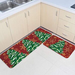 Kitchen Mat Set of 2 Anti-Fatigue Kitchen Rug, Christmas Trees Snowflake Watercolor Non-Slip Kitchen Mats and Rugs, Kitchen Doormat Runner Rug for Floor Home Office Sink Laundry, Red Geometric