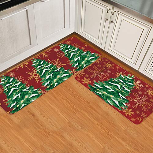 Kitchen Mat Set of 2 Anti-Fatigue Kitchen Rug, Christmas Trees Snowflake Watercolor Non-Slip Kitchen Mats and Rugs, Kitchen Doormat Runner Rug for Floor Home Office Sink Laundry, Red Geometric