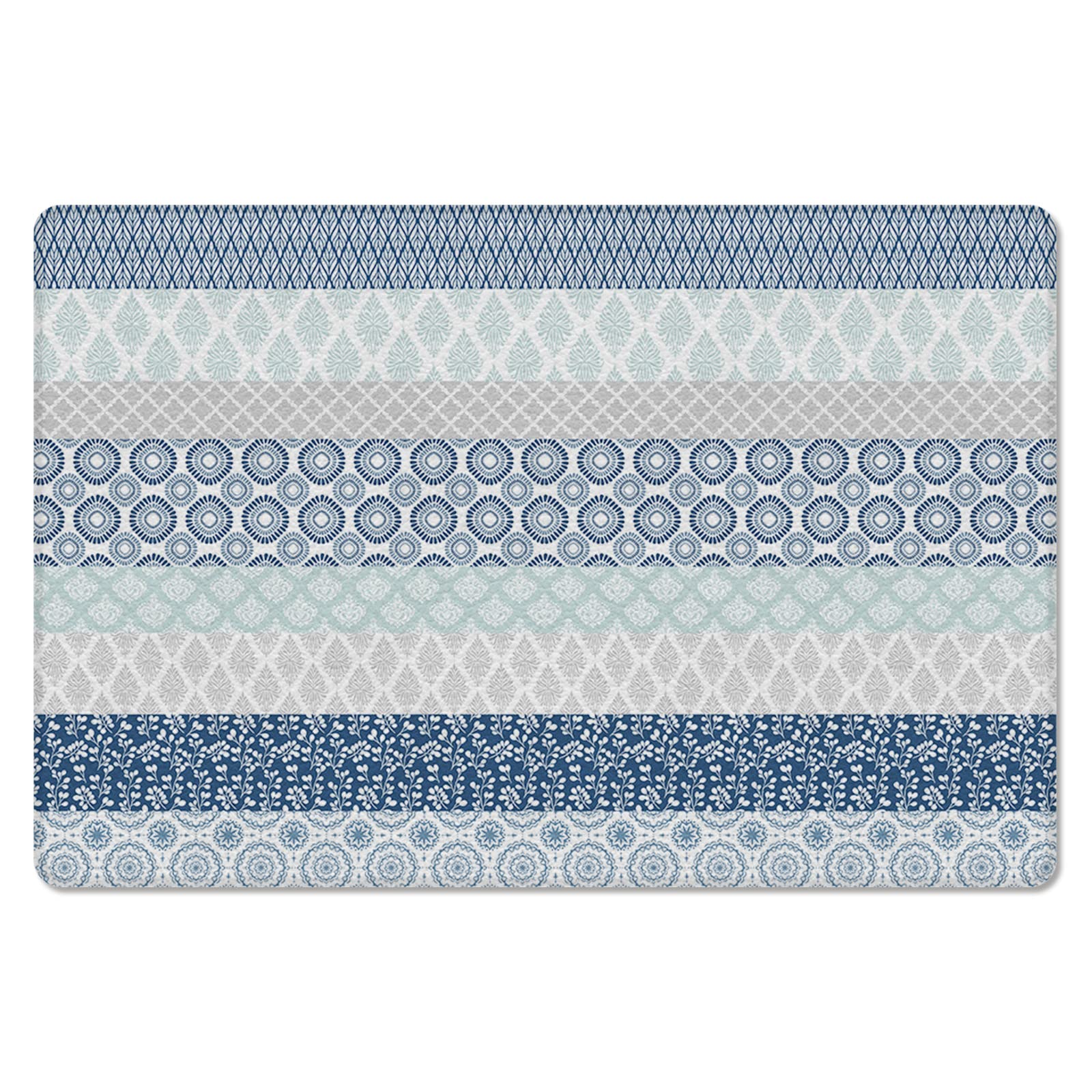 Bohemia Antifatigue Kitchen Bath Door Mat Cushioned Runner Rug,Washable Welcome Floor Sink Mat,Waterproof Comfort Standing Doormat for Kitchen,Blue Grey Boho Tribal Paisley Flower Plaid 24"x36"