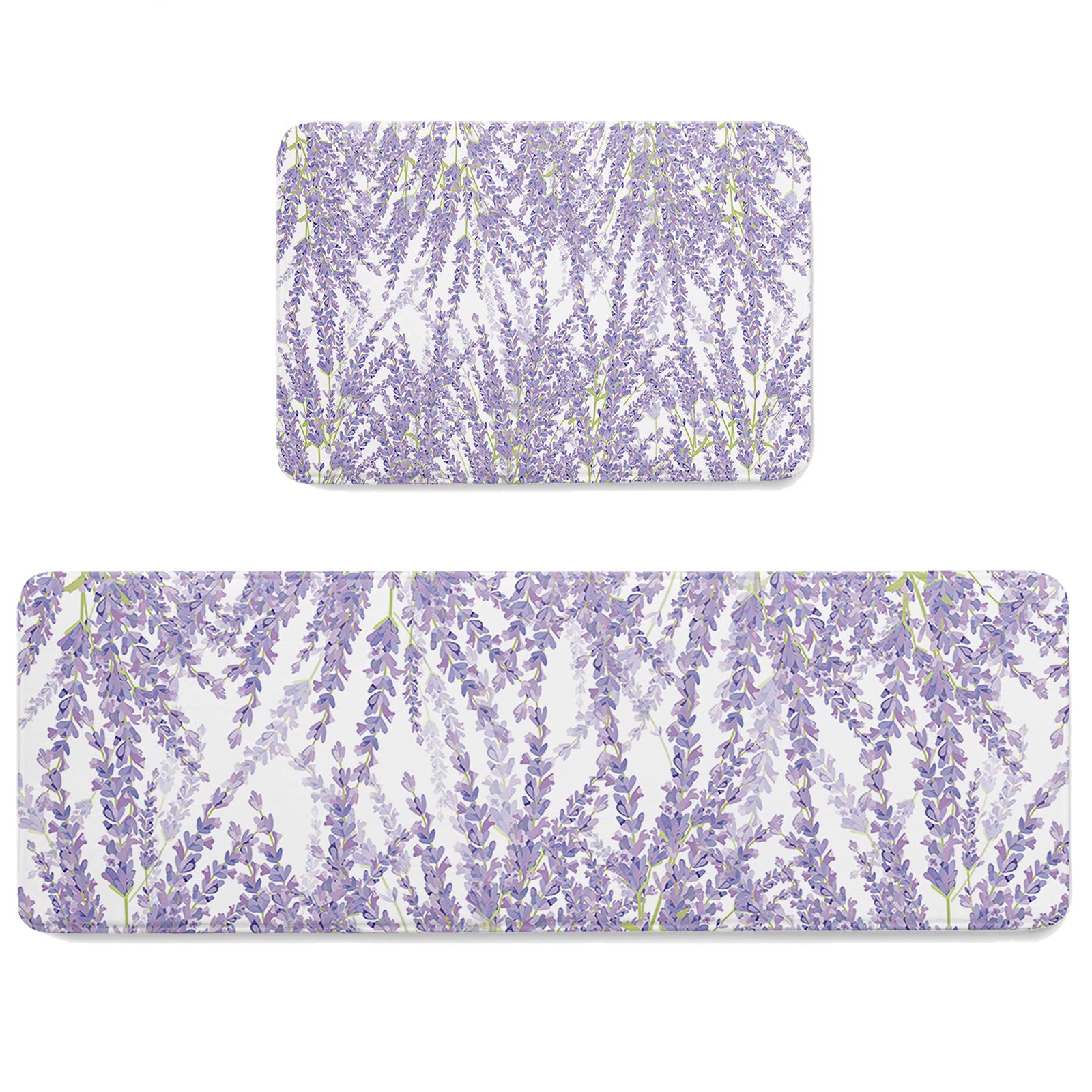 LooPoP Kitchen Comfort Mat Set of 2 Lavender Flower Pattern Waterproof Anti-Fatigue Standing Mats Wipeable Rugs for Kitchen Purple 15.7x23.6inch+15.7x47.2inch