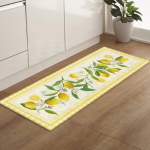 kitchen rugs, lemon yellow buffalo check summer watercolor fruit plaid farmhouse decor non slip runner rug mat for floor, kitchen, bedside, sink, office, laundry, 15.7"x47.2"