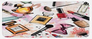 ambesonne fashion kitchen mat, cosmetic and makeup theme pattern perfume lipstick nail polish brush modern, plush decorative kitchen mat with non slip backing, 47" x 19", white pink