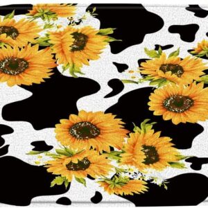 KXO Cowhide Sunflower Bath Mat Black White Milk Cow Print Yellow Sunflower Creative Rustic Farmhouse Bathroom Decor Rug Absorbent Doormat Kitchen Toilet Floor Rug 31"x20"