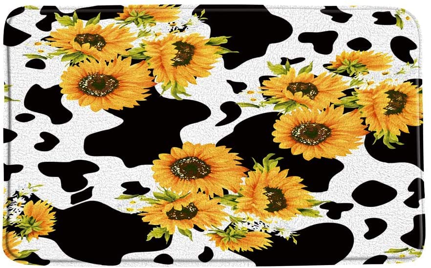 KXO Cowhide Sunflower Bath Mat Black White Milk Cow Print Yellow Sunflower Creative Rustic Farmhouse Bathroom Decor Rug Absorbent Doormat Kitchen Toilet Floor Rug 31"x20"