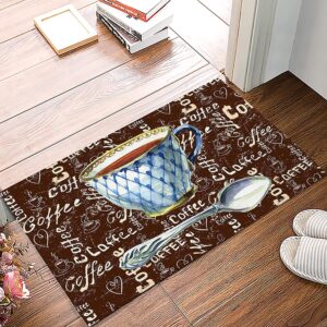 low-profile plush doormats 16x24in, absorbent cushioned kitchen door mat rug for living room, bathroom and stand-up desks, a cup of coffee sugar and coffee beans on brown entryway carpet