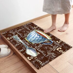 Low-Profile Plush Doormats 16x24in, Absorbent Cushioned Kitchen Door Mat Rug for Living Room, Bathroom and Stand-up Desks, A Cup of Coffee Sugar and Coffee Beans on Brown Entryway Carpet