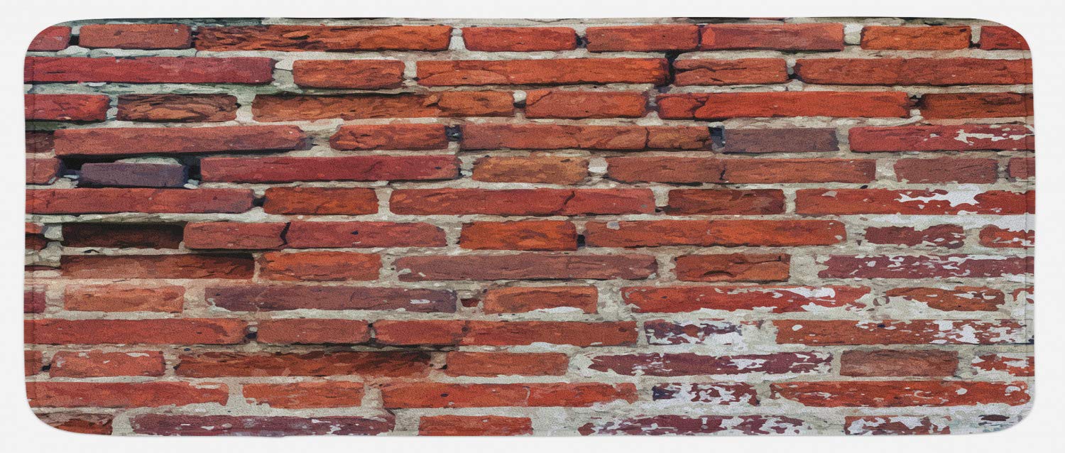 Lunarable Brick Wall Kitchen Mat, Worn Out Brick Wall Design Ornamental Vintage Architecture Pattern Print, Plush Decorative Kitchen Mat with Non Slip Backing, 47" X 19", Redwood Beige