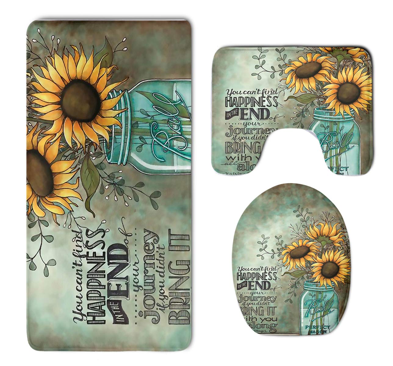 Sunflower in Bottle 3 Pack Super Cozy Memory Foam Tub-Shower Bath Rug Set, Non Slip Rubber Backing Quick Dry - Absorbent Shaggy Rugs Soft Contour Mat & Lid Cover