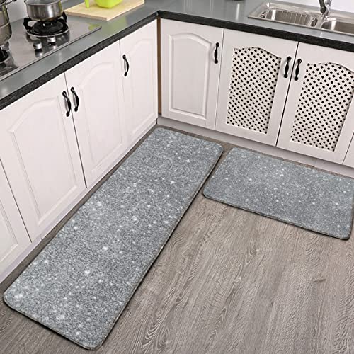 Silver Glitter Sparkles Kitchen Rugs Set Water Absorb Microfiber Non-Slip Kitchen Rug Bathroom Mat Doormat Carpet for Laundry