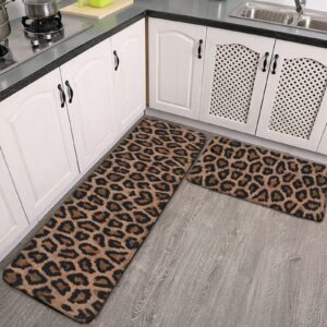 youtary cool cheetah leopard pattern kitchen rug set 2 pcs floor mats washable non-slip soft flannel runner rug doormat carpet for kitchen bathroom laundry
