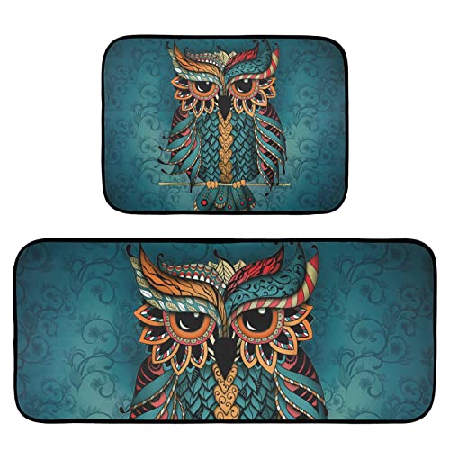 BOENLE Dark Colored Owl Kitchen Rugs and Mats Non Skid Washable Kitchen Rug Set 2 Piece Carpet Ergonomic Comfort Standing Mat for Kitchen,Bathroom, Laundry