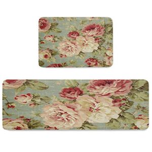 2 pcs cushioned anti-fatigue kitchen mats and rugs,rose floral bath mat non-slip rug accent runner floor carpet washable indoor doormat standing comfort mat rustic flower pink red teal green spring