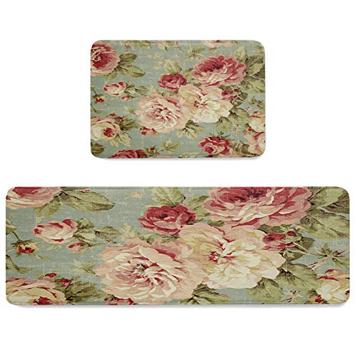 2 PCS Cushioned Anti-Fatigue Kitchen Mats and Rugs,Rose Floral Bath Mat Non-Slip Rug Accent Runner Floor Carpet Washable Indoor Doormat Standing Comfort Mat Rustic Flower Pink Red Teal Green Spring