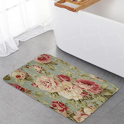 2 PCS Cushioned Anti-Fatigue Kitchen Mats and Rugs,Rose Floral Bath Mat Non-Slip Rug Accent Runner Floor Carpet Washable Indoor Doormat Standing Comfort Mat Rustic Flower Pink Red Teal Green Spring